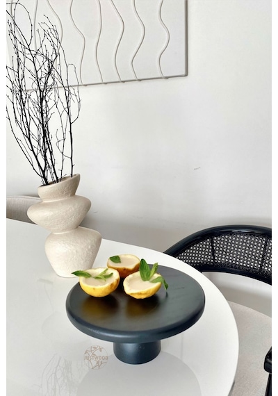 Lucca Siyah 25 Cm Ahşap 10 Cm Ayaklı Yuvarlak Pasta Sunum Tabağı