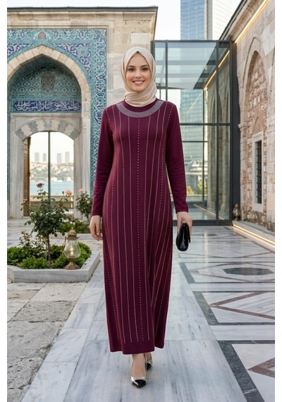Hb Harma Time Butik Kadın Taş İşlemeli Kristal Kumaş Uzun Tesettür Bordo Elbise