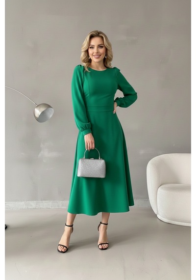 Defymoda Kadın Gün Boyu Rahat Midi Elbise Yeşil