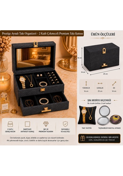Prestige Aynalı Takı Organizeri 2 Katlı Çekmeceli Premium Takı Kutusu Çok Renkli
