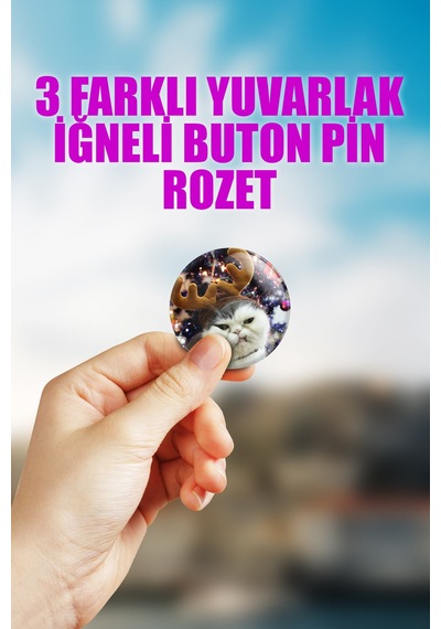 Kedi Yılbaşı Yeni Yıl Çanta Süsü İğneli Buton Rozet Seti 3 Adet Üçlü