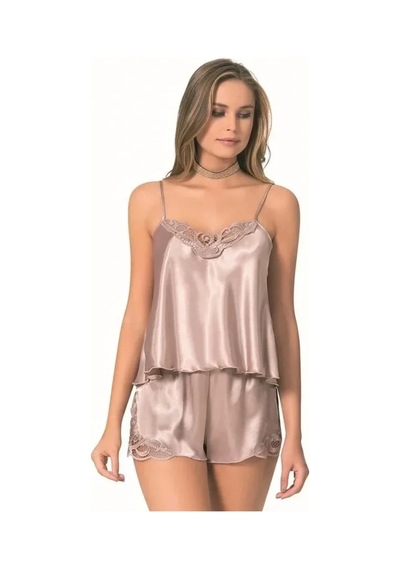 Red Womans Özel Tasarım Vizon Saten Babydoll Şort Takımı Vizon