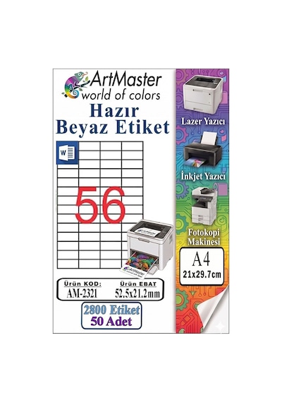 A4 Hazır Beyaz Etiket 52.5x21.2mm 50 Sayfa 1 Paket 56 Lı Kendinden Yapışkanlı Fotokopi Lazer İnkjet Kağıdı Yazıcılar