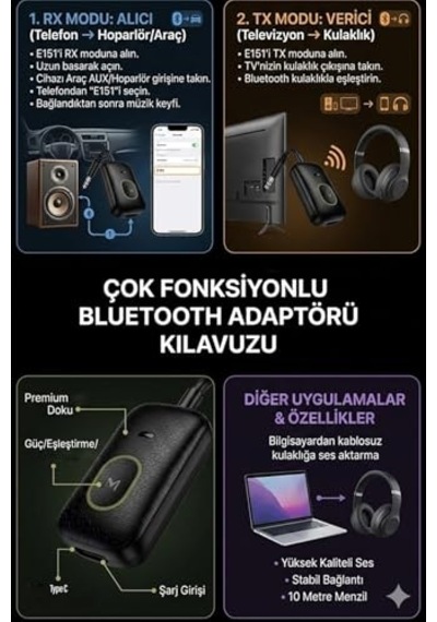 Aux Bluetooth Ses Adaptörü İki Yönlü Rx/tx Alıcı Verici Araç Tv Televizyon Pc Bilgisayar 3.5mm Jack