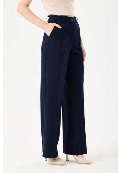Velnara Moda Lacivert Boru Paça Cepli Yüksel Bel Dokuma Kumaş Klasik Kadın Pantolun Lacivert - 918013923 Lacivert
