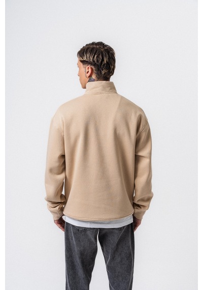 Erkek Respire Yazı Detaylı Yarım Fermuarlı Basic Sweatshirt Bej