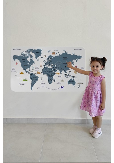 Türkçe Eğitici Ülke Ve Başkent Detaylı Atlası Dünya Haritası Duvar Sticker -60x105-3832 - Renkli Çok Renkli