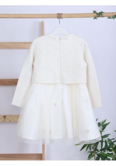 Xo Kids Çiçek Broşlu Krem Renk Prenses Model Kız Çocuk Ceketli Elbise 4-10 Yaş 4422 Ekru