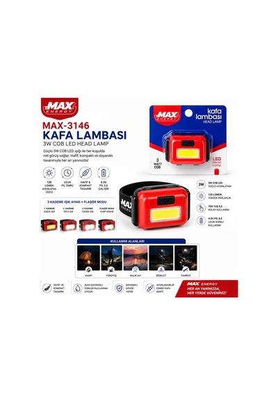 Pilli 3w Cob Led Kafa Lambası Fener 3-kademe Işık Ayarı- Flaşör 4.5v 120lümen Bx40