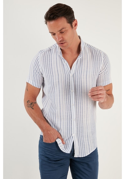 Buratti Çizgili Pamuklu Slim Fit Kısa Kollu Erkek Gömlek Cf23S116097 Beyaz-Saks