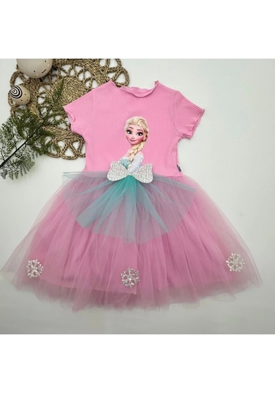 5-6-7 Yaş Elsa Desenli Fiyonklu Tül Etekli Astarlı Kısa Kollu Kız Çocuk Tütü Elbise Çok Renkli