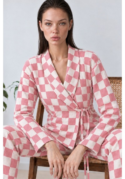 Kadın Kruvaze Yaka Kareli Beli Kuşaklı Pembe Pijama Takımı 4785
