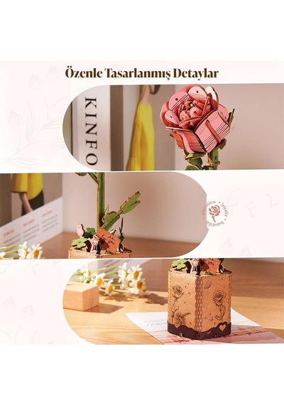 Rowood Tw041 Pembe Gül Pink Rose Dıy Minyatür Maket Model Seti Ahşap 3d Wooden Puzzle 3d Model Kit Ahşap Maket Dekoratif Hobi Seti