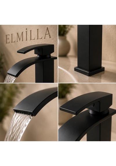 Lüx Premium Mat Siyah Şelale Lavabo Bataryası Çift Su Girişli Modern Tasarım Batarya