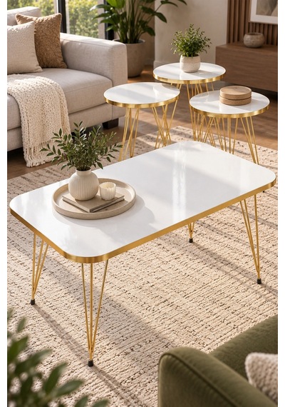 Sulorahome 4'lü Sehpa Seti Beyaz Tablalı Ve Gold Metal Ayaklı Beyaz - Altın