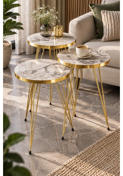 Sulorahome Gold Zigon Sehpa Takımı 3'lü Set Beyaz Mermer