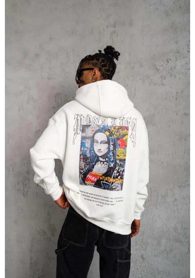 Erkek Baskılı Kapüşonlu Ve Kanguru Cepli Sweatshirt Hoodie - Beyaz Çok Renkli