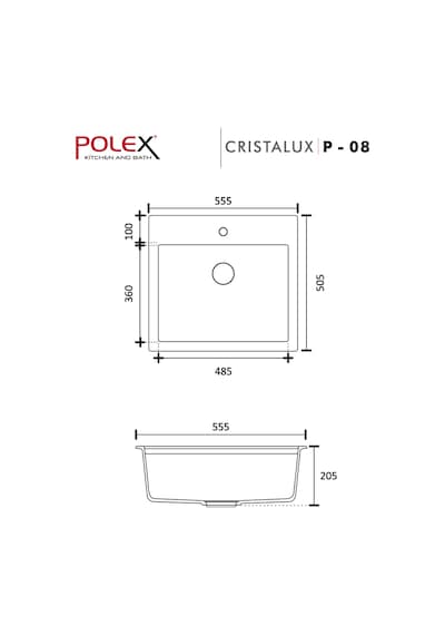 Polex Cristalüx Granit Evye P-08 Siyah Tezgah Altı Ve Tezgah Üstü Kare Mutfak Evyesi 55.5x50 CM