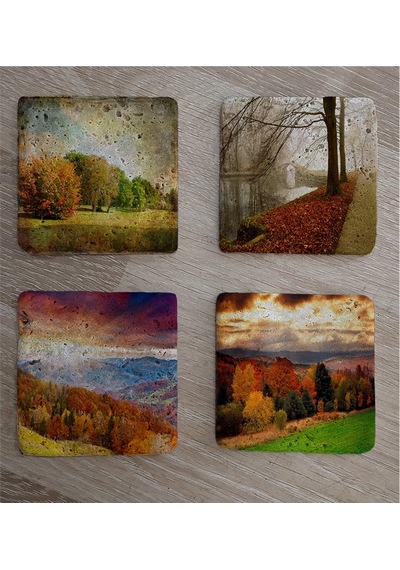 Sonbahar Manzaraları Doğal Taş Bardak Altlığı 4'lü Set - Natural Stone Coasters-174262 Çok Renkli