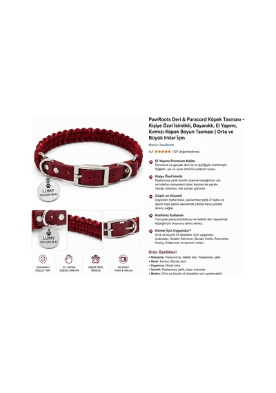 Pawroots Deri &amp Paracord Köpek Tasması Kişiye Özel Paslanmaz Çelik İsimlikli, El Yapımı, Ayarlanabilir, Dayanıklı Bordo Köpek Boyun Tasması Orta Ve Büyük Irklar İçin