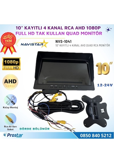 Kayıtlı 10 İnç 4 Kanal Full Hd Tak Kullan Quad Ahd Analog Uyumlu Rca Av Araç Monitörü 12-24v
