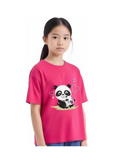 Panios Kids Mother Panda Baskılı Kız Çocuk Kısa Kollu T-shirt Fuşya