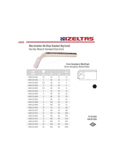 İzeltaş 5mm L Kısa Allen Anahtar L Kısa Alyan 4900 22 0050
