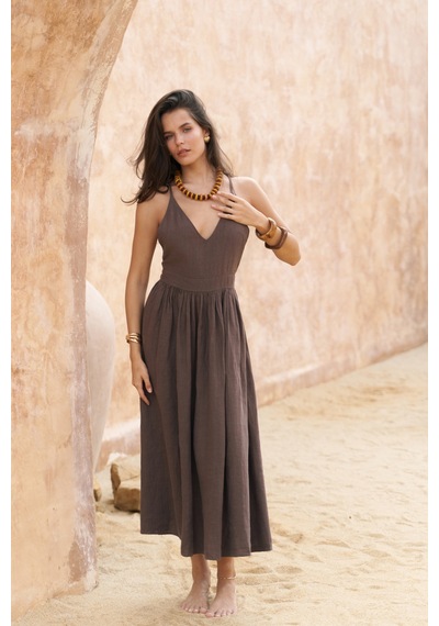 Mai Collection Mai Studios Co. Eara Askılı Soft Kahve Uzun Keten Elbise Soft Kahve