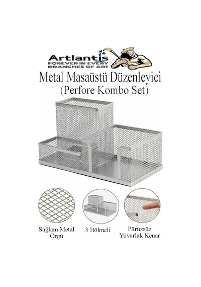Masaüstü Metal Kalemlik Seti 3 Lü Kombo 1 Paket Fileli Perfore Renkli Kalemlik Kağıtlık Küpnotluk Düzenleyici Gümüş