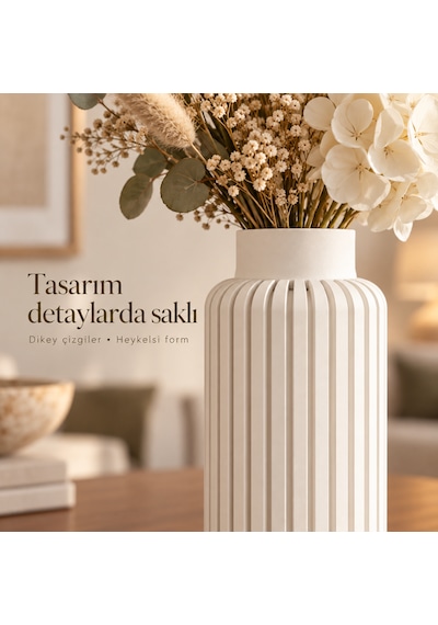 Dikey Çizgili Dekoratif Vazo 20 Cm Modern Silindir Tasarım Krem