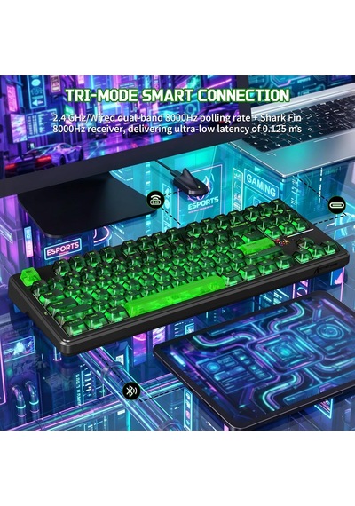 X87 Ultra Kablosuz Oyun Klavyesi, Nokta Matrisi Ekranlı, Bt/2,4 Ghz/kablolu,%75 Hot-swap, 10000mah, Rgb, Kablosuz Shark Fin, Pc/mac, Shadow Jade
