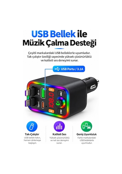 Castu T6 120w Hızlı Araç Şarj Cihazı Fm Transmitter Bluetooth Araç Kit Yıldız Lazer Işıklı