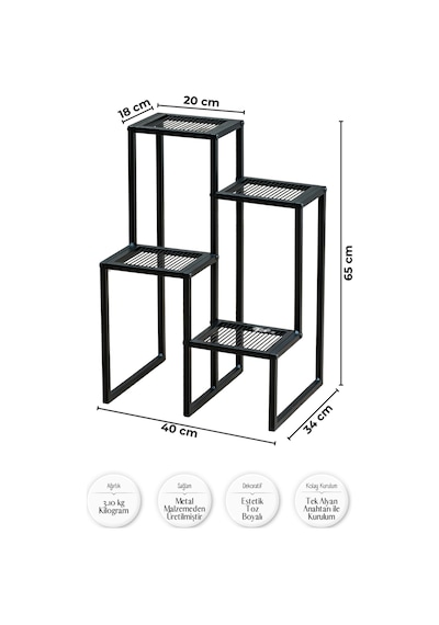 4 Katlı Kademeli Metal Çiçeklik, Modern Saksılık, Balkon Ve Salon İçin Dekoratif Saksı Standı Siyah