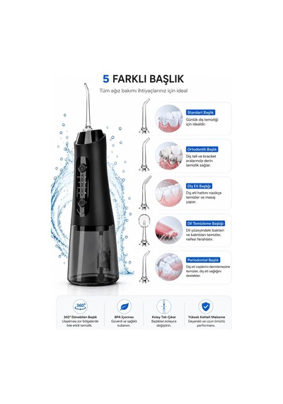 Auhma Amf11 Şarjlı Ağız Duşu 320ml Su Hazneli 4 Modlu Ipx7 Su Geçirmez Type-c Hızlı Şarjlı 5 Başlıklı Profe
