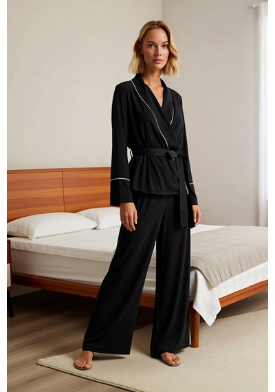 Benerly Kadın V Yaka Uzun Kol Relaxed Kalıp Dokuma Pijama Takımı Fonksiyo Siyah