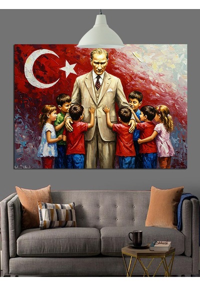 Atatürk Ve Çocuklar Dekoratif Kanvas - Mdf Ahşap Tablo