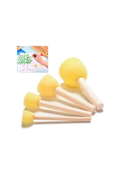 Sünger. Tampon Fırça. 4 Lü Set. Ponpon Fırça. Ahşap Saplı. Baskı