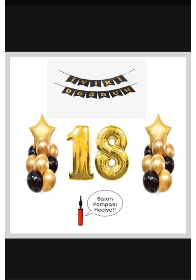 18 Yaş - Altın Gold Folyo Balon Parti Seti + Balon Pompası