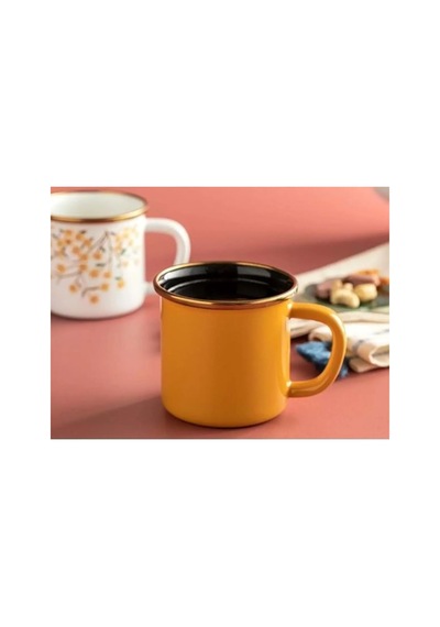 Emaye Kupa Bardak 550 Ml Hardal Sarısı - Mug Beyaz