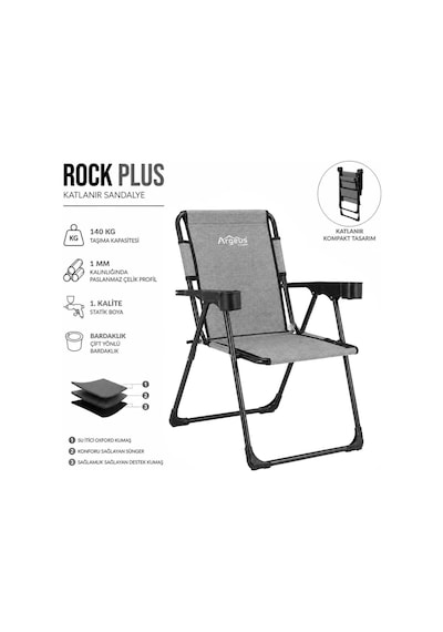 Katlanır Piknik Ve Kamp Sandalyesi - Bardaklıklı - Rock Plus - Linen Gri Çok Renkli