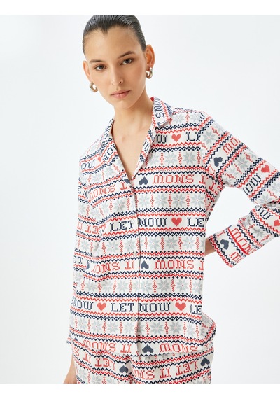 Koton Yılbaşı Temalı Pamuklu Gömlek Pijama Üstü Kırmızı Desenli 5wlk50017mw Kırmızı