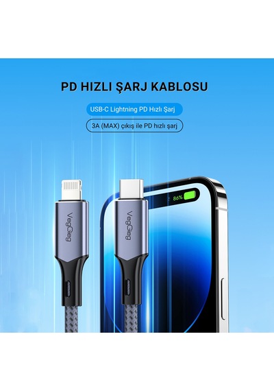 Veggieg 27w 3a Usb Type-c To Lightning iPhone Apple Uyumlu iPad  Hızlı Şarj Ve Data Kablosu 2 Metre