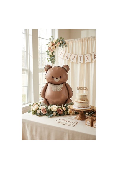 Retro Krem Fiyonklu Kahverengi Ayıcık Folyo Balon Baby Shower Parti Süsü Çok Renkli
