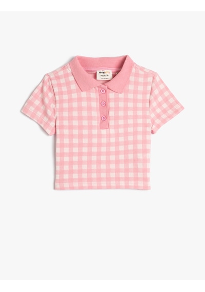Koton Polo Tişört Crop Kısa Kollu Düğme Detaylı Dar Kalıp Pembe Ekose 3skg10134ak Pembe Ekoseli