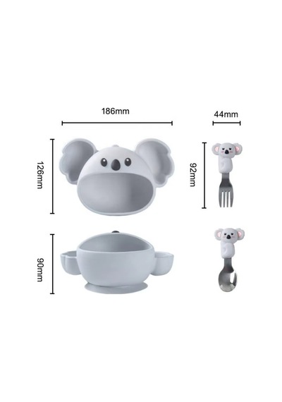 Gri Koala Premium Çocuk Vakumlu Silikon Beslenme Mama Kase, Paslanmaz Çelik Çatal-kaşık 9+ Ay