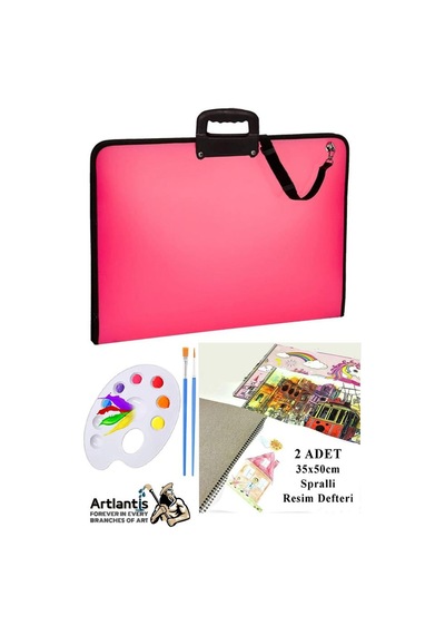 Resim Çantası 35x50 Cm Resim Defteri Palet Fırça Seti 1 Paket Pembe Resim Proje Çantası Fermuarlı Kulplu 37x54 Cm