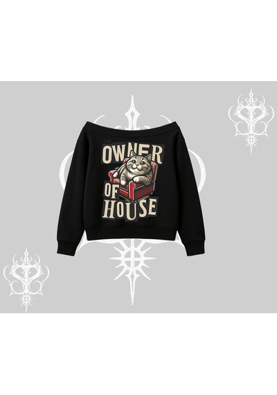 Startmore The Owner Of House Kedi Arka Baskılı Kayık Yaka Sweatshirt Siyah