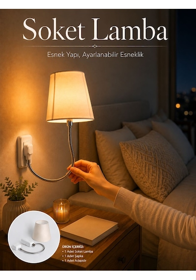 Soket Lamba Yatak Başı Işığı Ayarlanabilir Boyunlu Altın - Beyaz