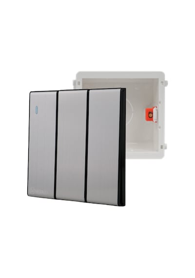 MERALLI INOX 3'lü anahtar, hakiki fırçalanmış paslanmaz çelik, çerçevesiz 86×86  Düz kasa dahil
