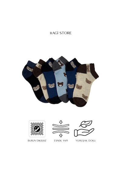 Ragi Store 6'lı Ayıcık Desen Dikişsiz Penye Erkek Çocuk Patik Çorap Çok Renkli